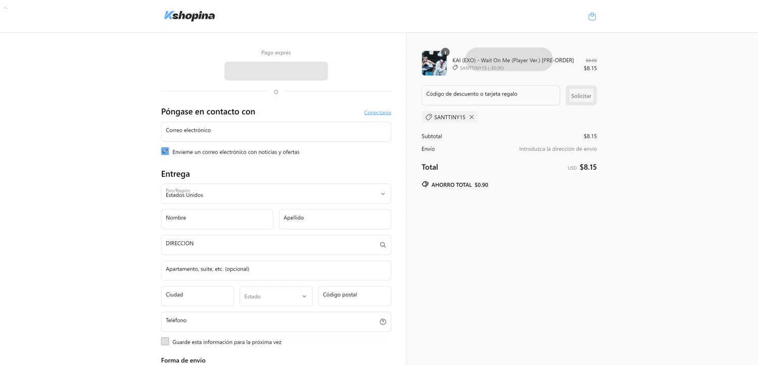 Kshopina discount code screenshot showing code SANTTINY15 applied at Kshopina checkout page. Uploaded by SimplyCodes community member DerekRoberson on Mar 31, 2025