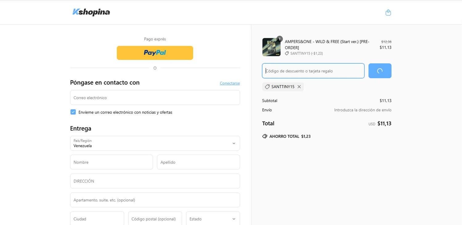 Kshopina discount code screenshot showing code SANTTINY15 applied at Kshopina checkout page. Uploaded by SimplyCodes community member dimitriv on Mar 29, 2025