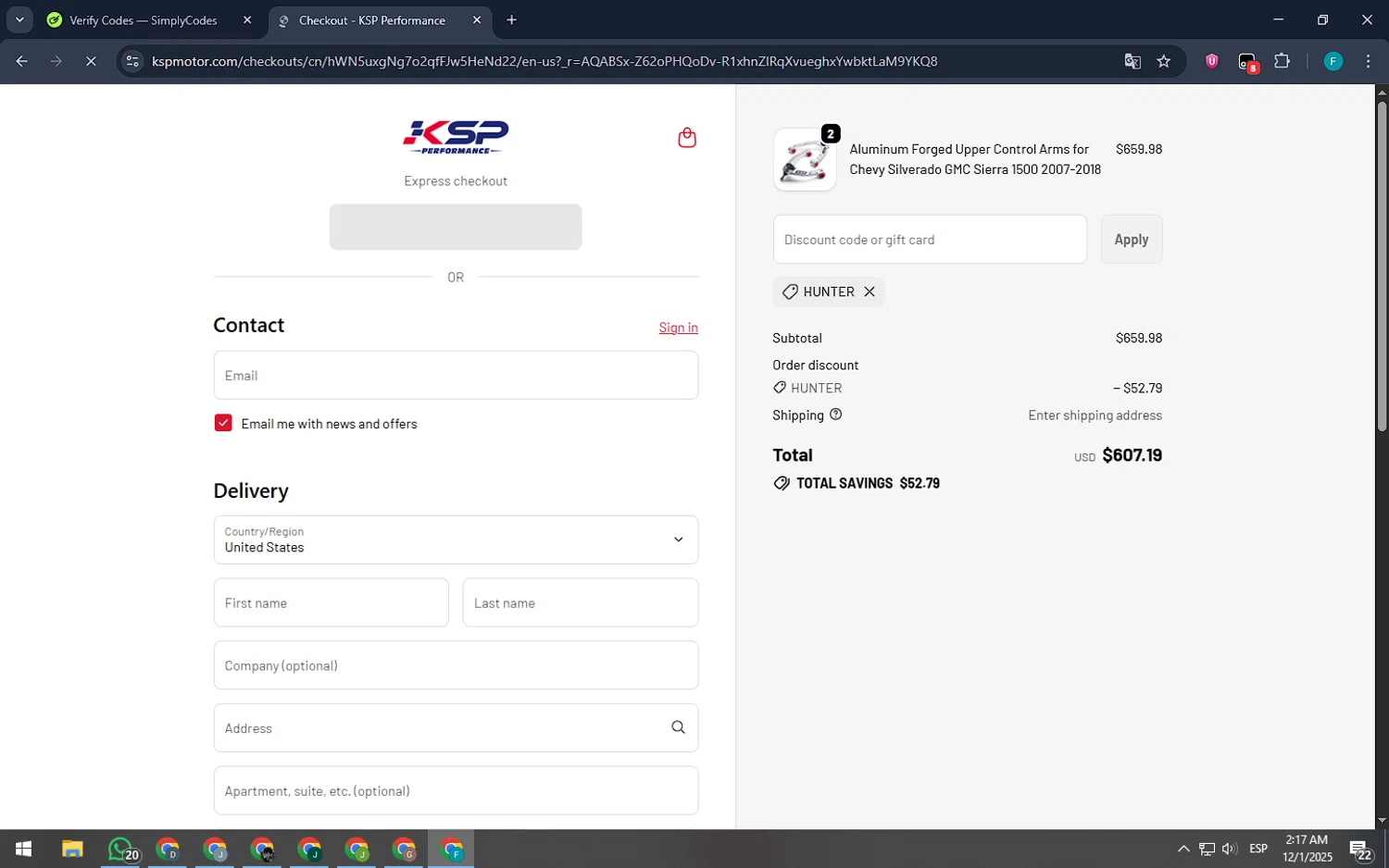 KSP performance discount code screenshot showing code HUNTER applied at KSP performance checkout page. Uploaded by SimplyCodes community member ArizaJuan on Dec 1, 2025