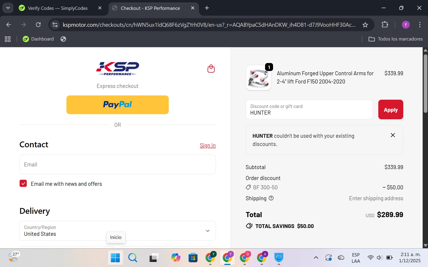 KSP performance discount code screenshot showing code HUNTER applied at KSP performance checkout page. Uploaded by SimplyCodes community member FrugalKnight6753 on Dec 1, 2025