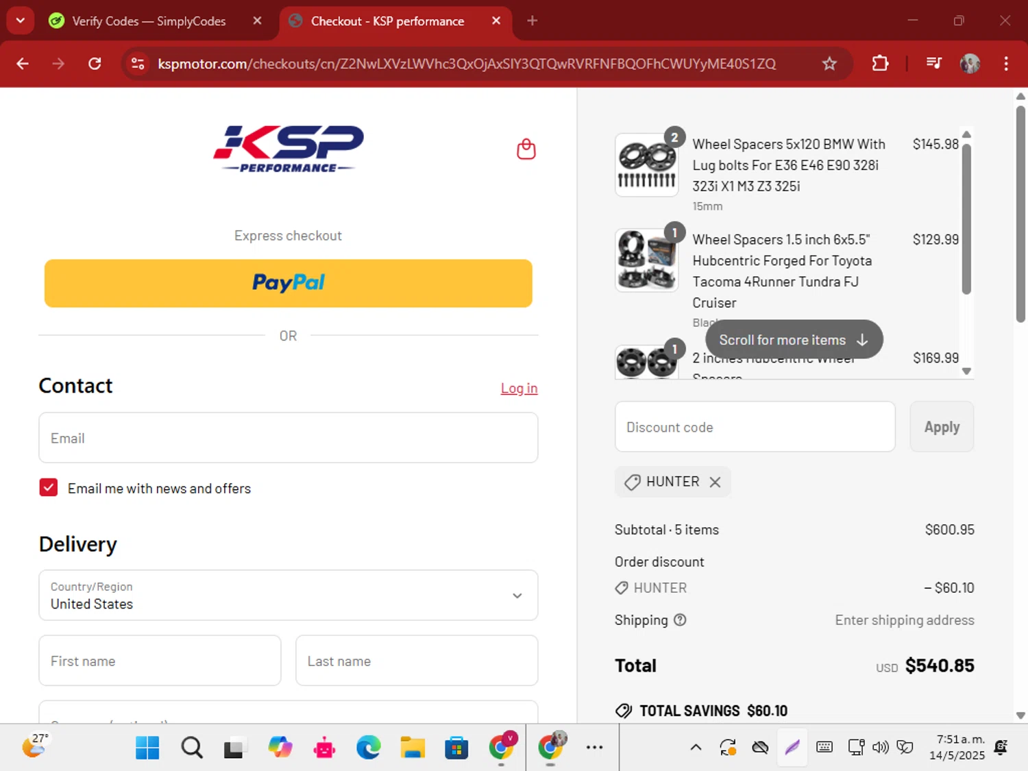 KSP performance discount code screenshot showing code HUNTER applied at KSP performance checkout page. Uploaded by SimplyCodes community member ShrewdSeeker5445 on May 14, 2025