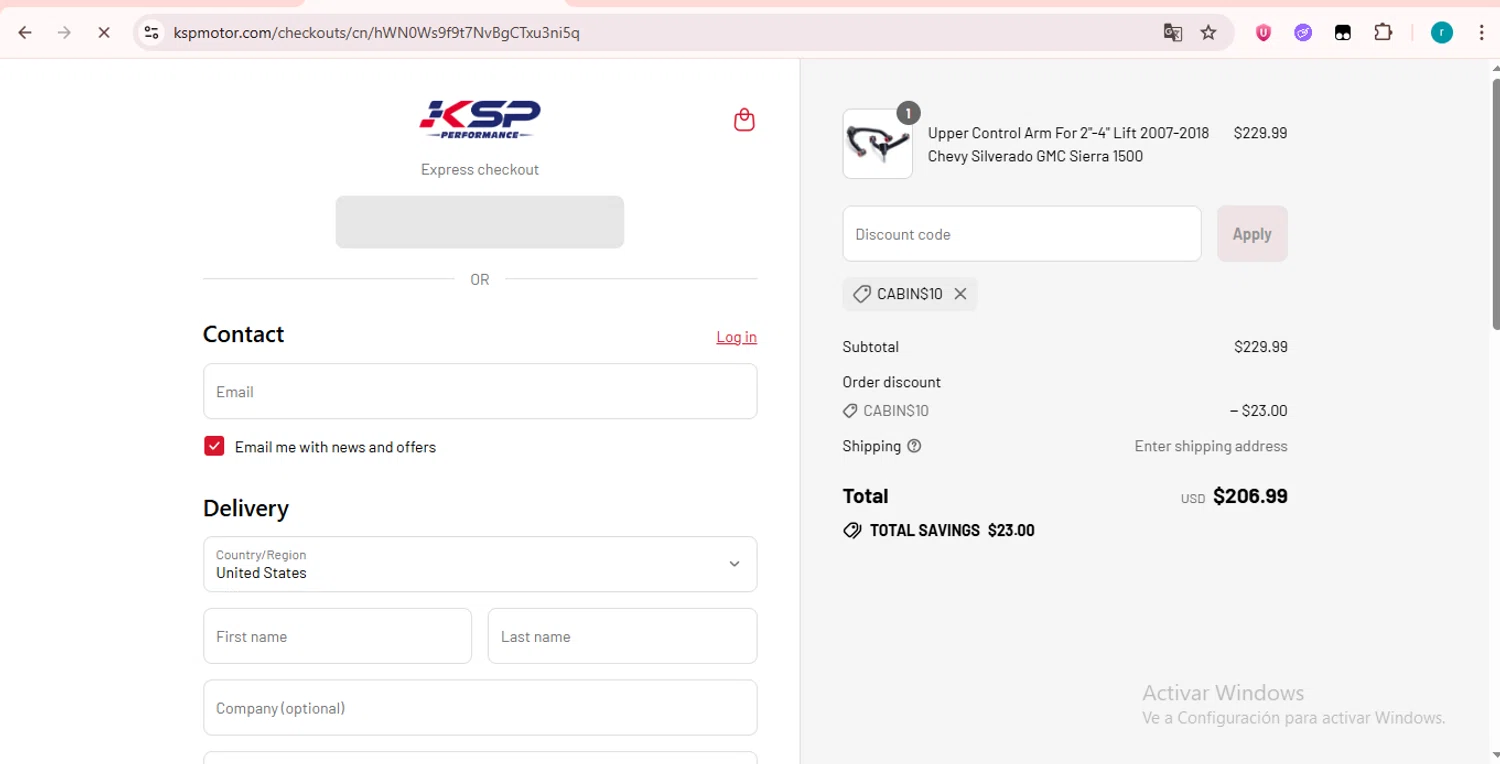 KSP performance discount code screenshot showing code CABIN$10 applied at KSP performance checkout page. Uploaded by SimplyCodes community member LAZURDINHA on Jul 12, 2025