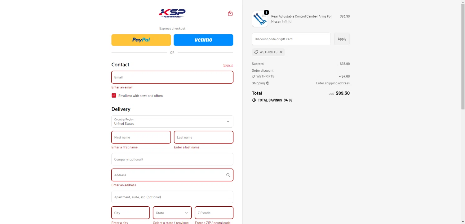 KSP performance checkout page showing KSP performance discount code box | Screenshot taken by SimplyCodes community member on Jan 13, 2026