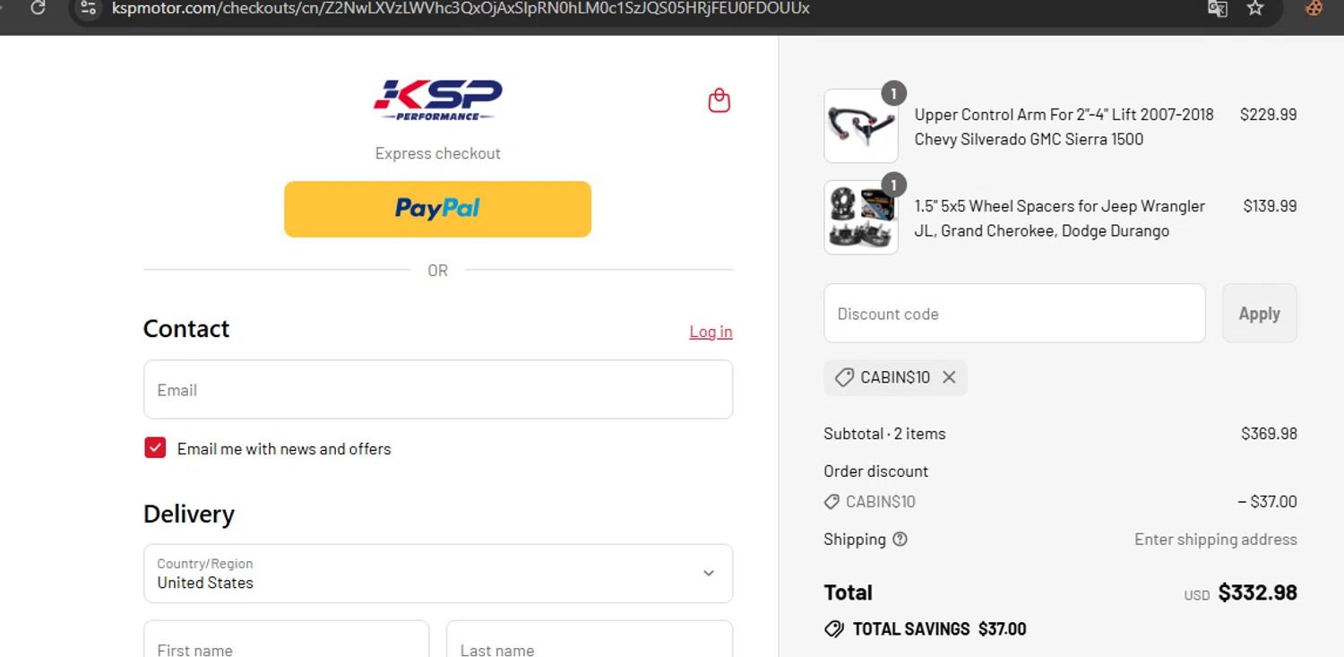 KSP performance discount code screenshot showing code CABIN$10 applied at KSP performance checkout page. Uploaded by SimplyCodes community member javierprez on Jul 12, 2025