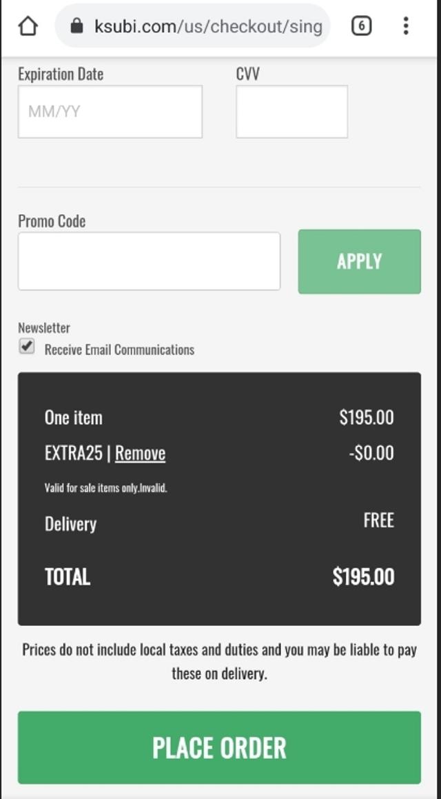 Ksubi checkout page showing Ksubi discount code box | Screenshot taken by SimplyCodes community member on May 14, 2021