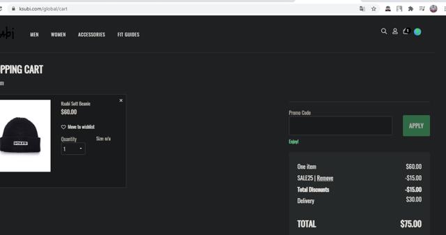 Ksubi checkout page showing Ksubi discount code box | Screenshot taken by SimplyCodes community member on May 9, 2021