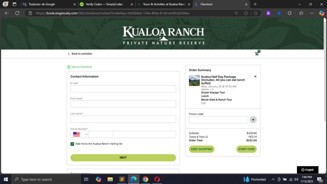 Kualoa Ranch checkout page showing Kualoa Ranch promo code box | Screenshot taken by SimplyCodes community member on Jan 16, 2025