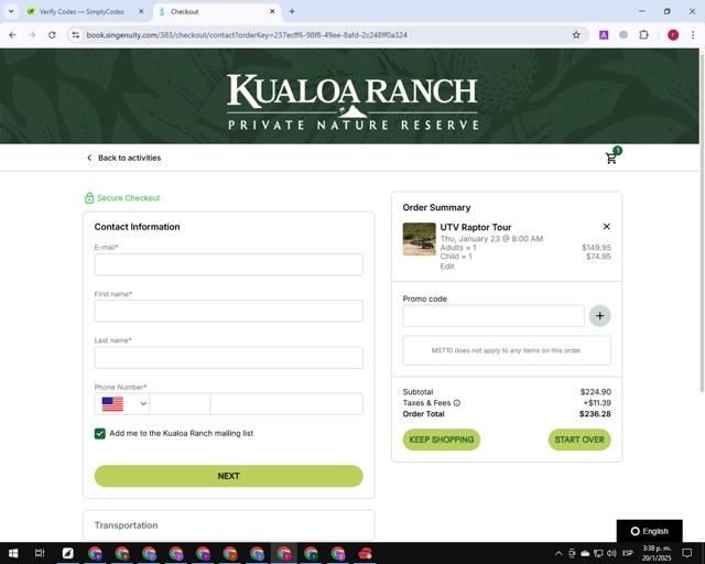 Kualoa Ranch checkout page showing Kualoa Ranch promo code box | Screenshot taken by SimplyCodes community member on Jan 20, 2025