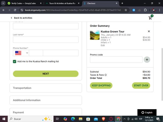 Kualoa Ranch checkout page showing Kualoa Ranch promo code box | Screenshot taken by SimplyCodes community member on Jan 12, 2025