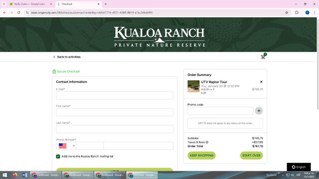 Kualoa Ranch checkout page showing Kualoa Ranch promo code box | Screenshot taken by SimplyCodes community member on Jan 15, 2025