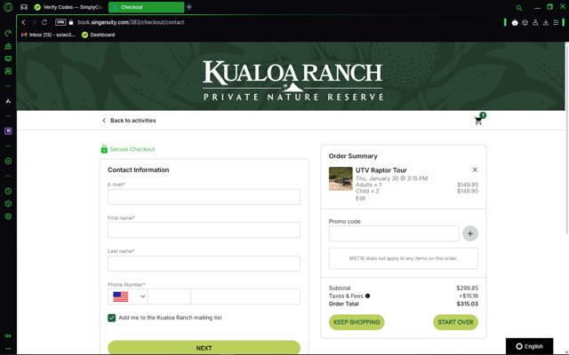 Kualoa Ranch checkout page showing Kualoa Ranch promo code box | Screenshot taken by SimplyCodes community member on Jan 28, 2025