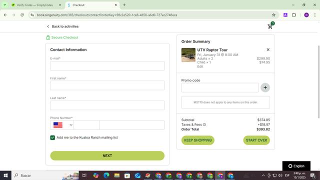 Kualoa Ranch checkout page showing Kualoa Ranch promo code box | Screenshot taken by SimplyCodes community member on Jan 15, 2025