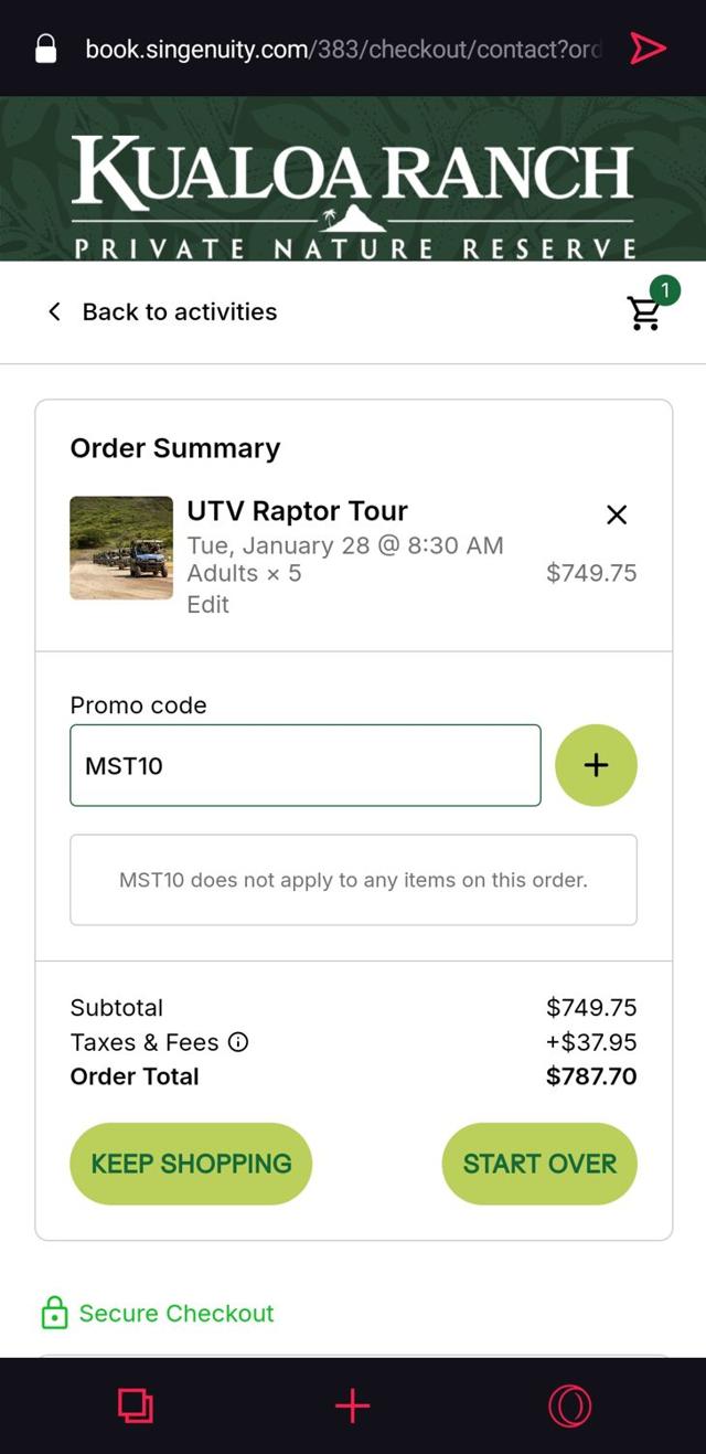 Kualoa Ranch checkout page showing Kualoa Ranch promo code box | Screenshot taken by SimplyCodes community member on Jan 15, 2025