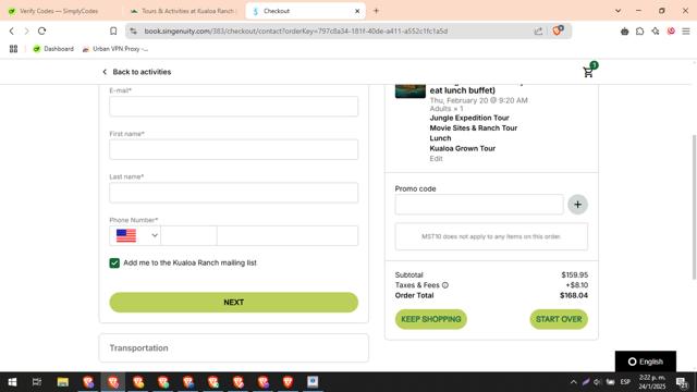 Kualoa Ranch checkout page showing Kualoa Ranch promo code box | Screenshot taken by SimplyCodes community member on Jan 24, 2025