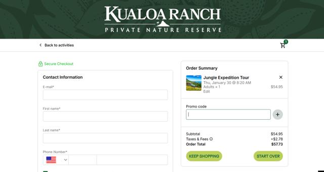 Kualoa Ranch checkout page showing Kualoa Ranch promo code box | Screenshot taken by SimplyCodes community member on Jan 26, 2025