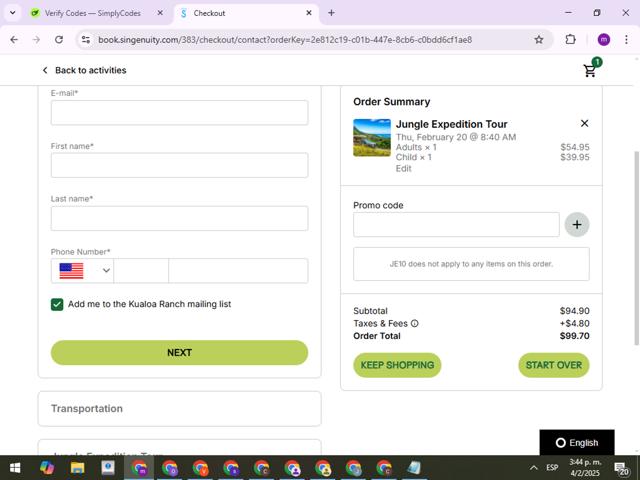 Kualoa Ranch checkout page showing Kualoa Ranch promo code box | Screenshot taken by SimplyCodes community member on Feb 4, 2025
