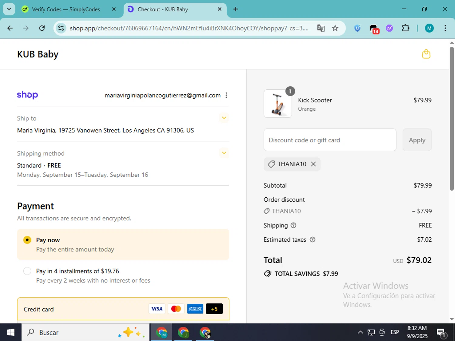 KUB Baby promo code screenshot showing code THANIA10 applied at KUB Baby checkout page. Uploaded by SimplyCodes community member estrellaveloz on Sep 9, 2025