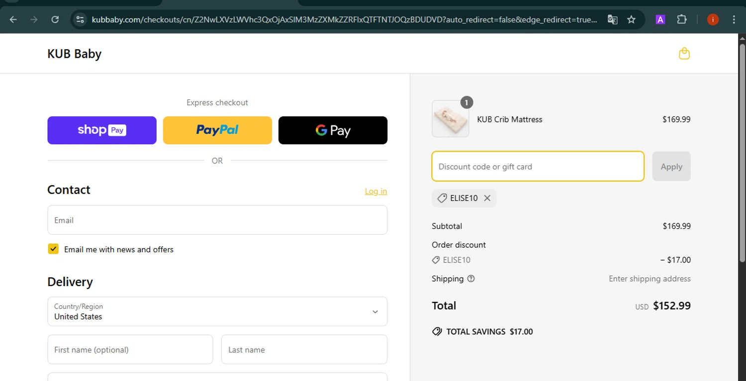KUB Baby promo code screenshot showing code ELISE10 applied at KUB Baby checkout page. Uploaded by SimplyCodes community member SmartMaestro6853 on Apr 19, 2025