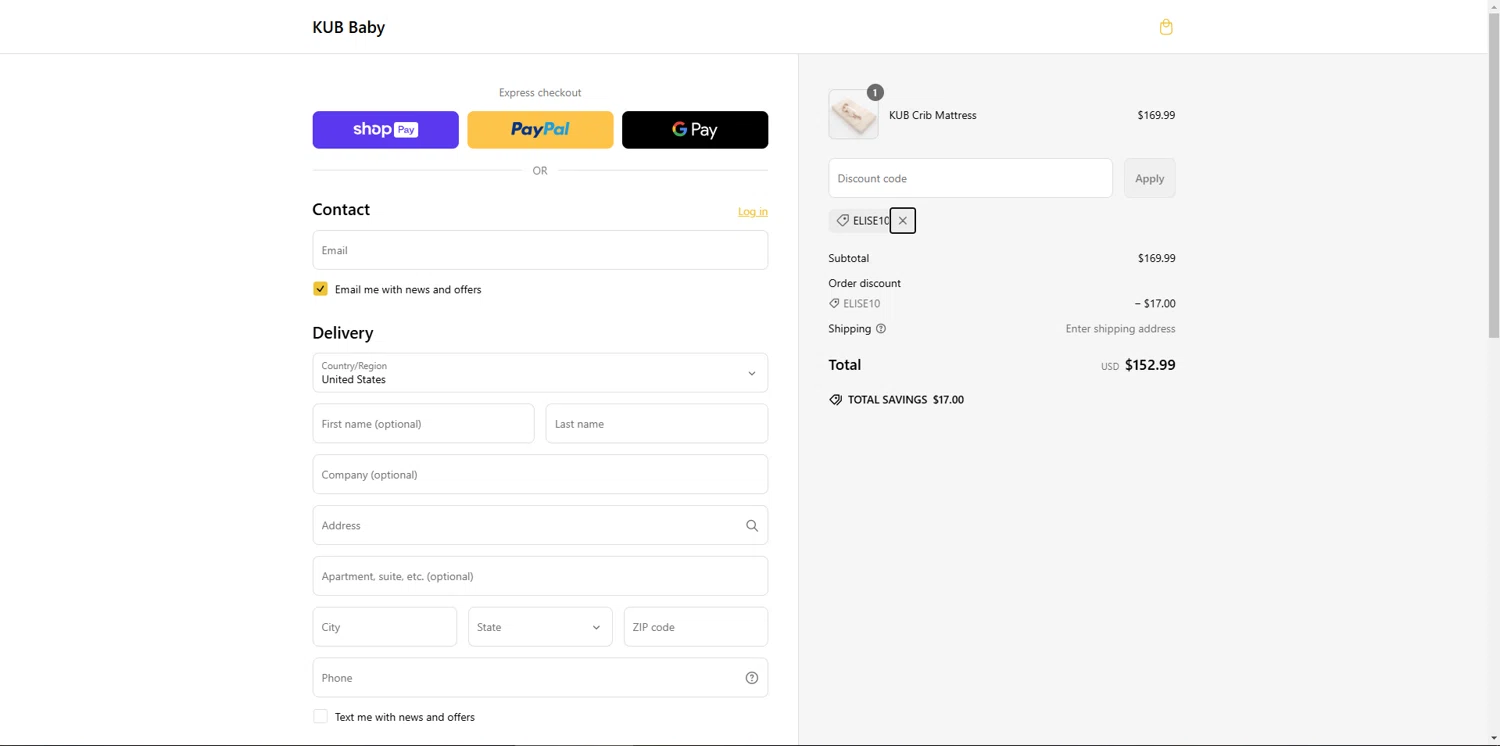 KUB Baby promo code screenshot showing code ELISE10 applied at KUB Baby checkout page. Uploaded by SimplyCodes community member JAKEELDOG on Mar 5, 2025