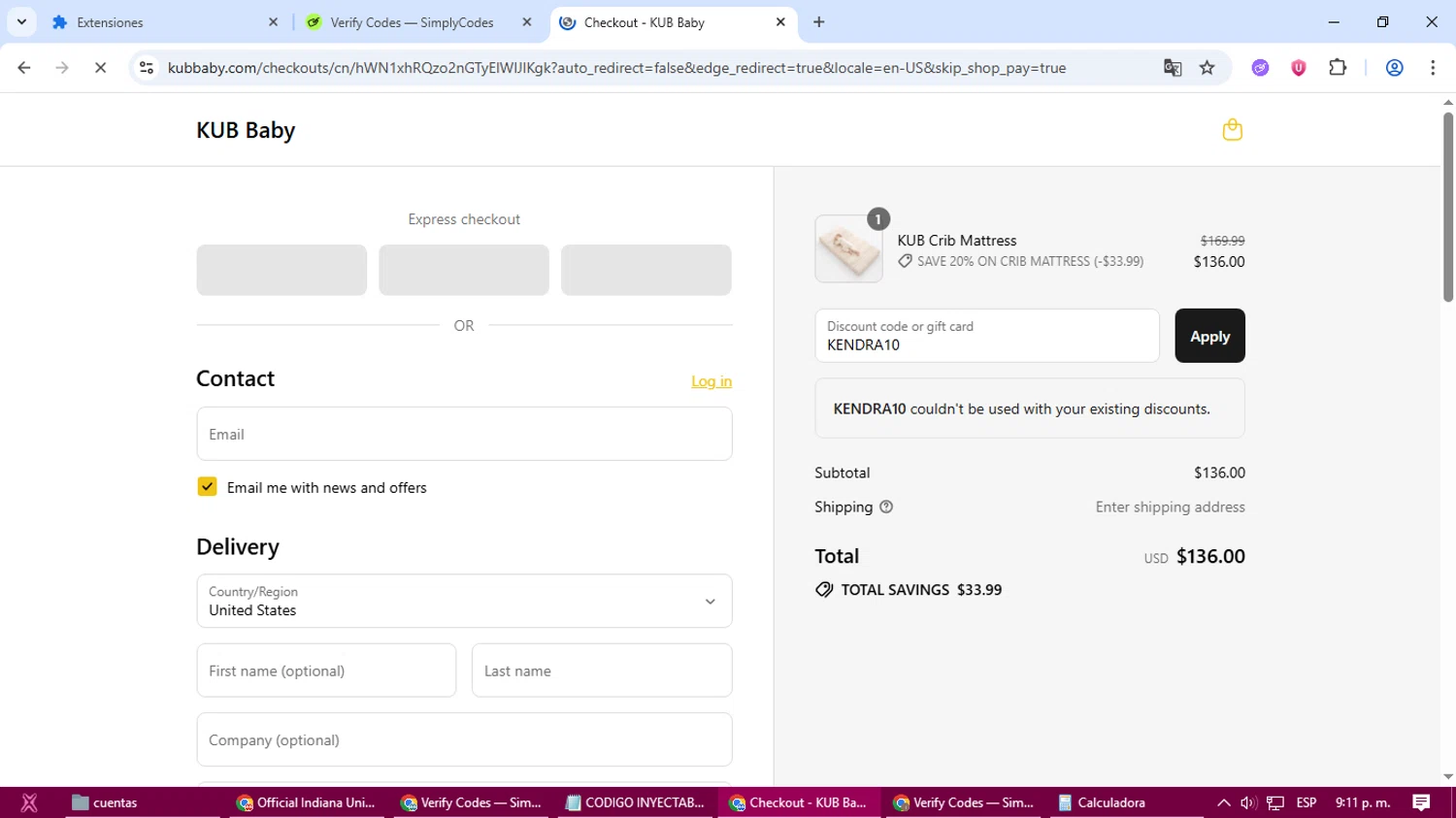 KUB Baby promo code screenshot showing code KENDRA10 applied at KUB Baby checkout page. Uploaded by SimplyCodes community member dolce_codmax213 on Aug 19, 2025