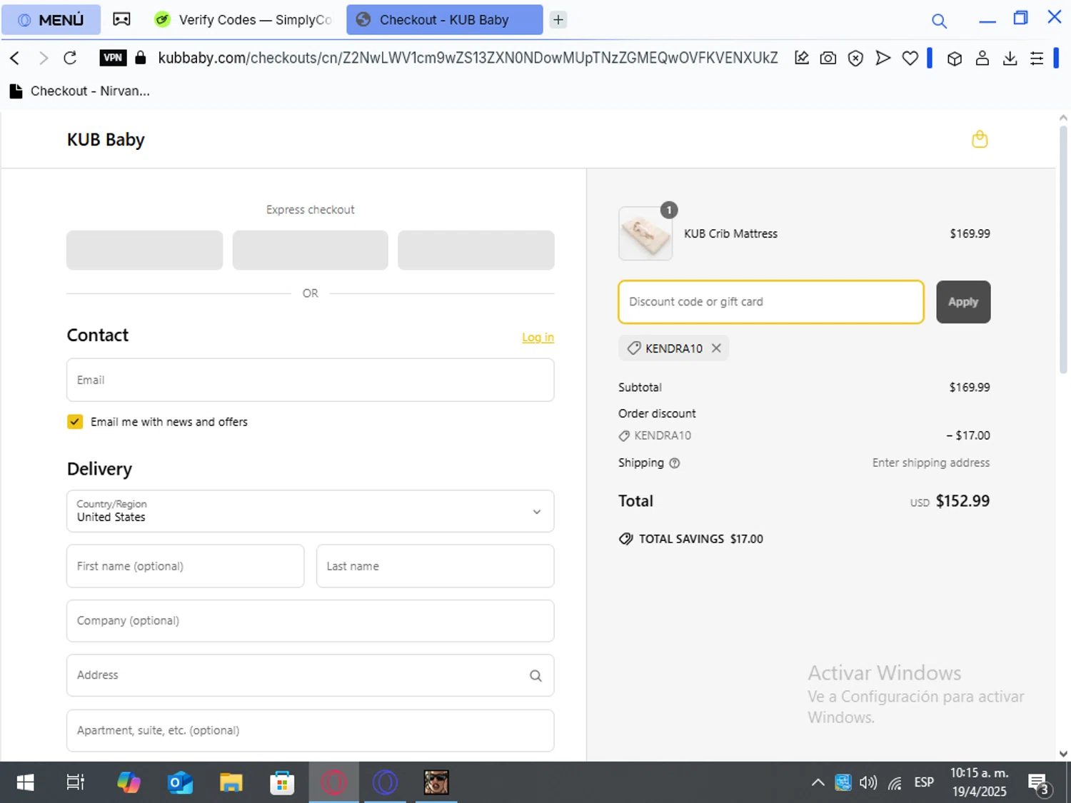 KUB Baby promo code screenshot showing code KENDRA10 applied at KUB Baby checkout page. Uploaded by SimplyCodes community member gladyslopeeez on Apr 19, 2025