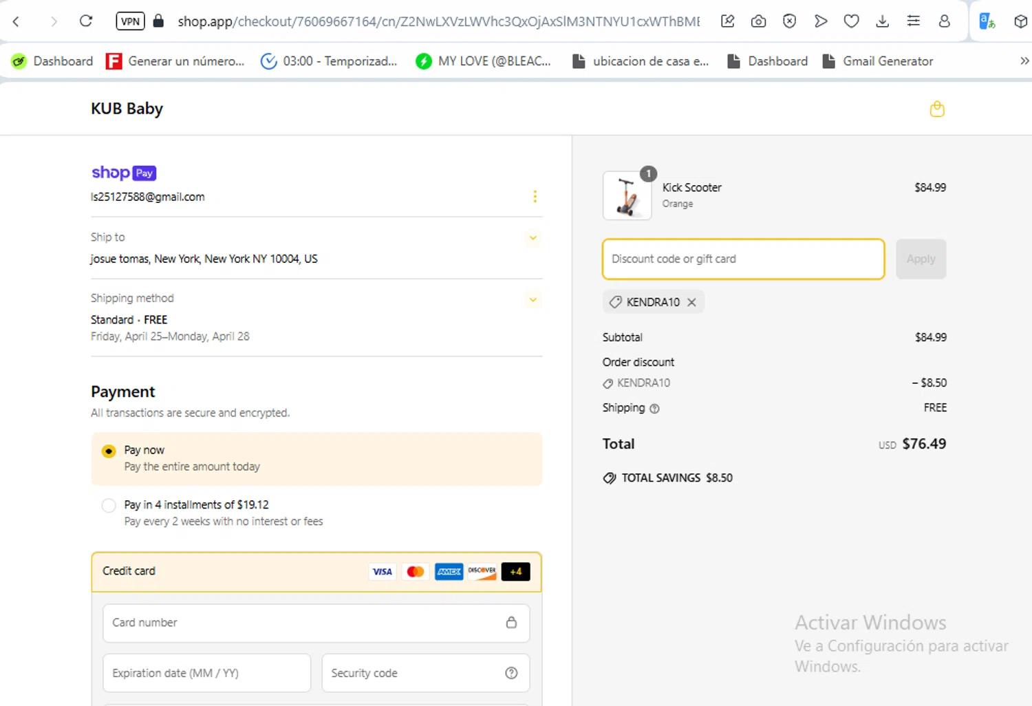 KUB Baby promo code screenshot showing code KENDRA10 applied at KUB Baby checkout page. Uploaded by SimplyCodes community member luissilva2 on Apr 19, 2025