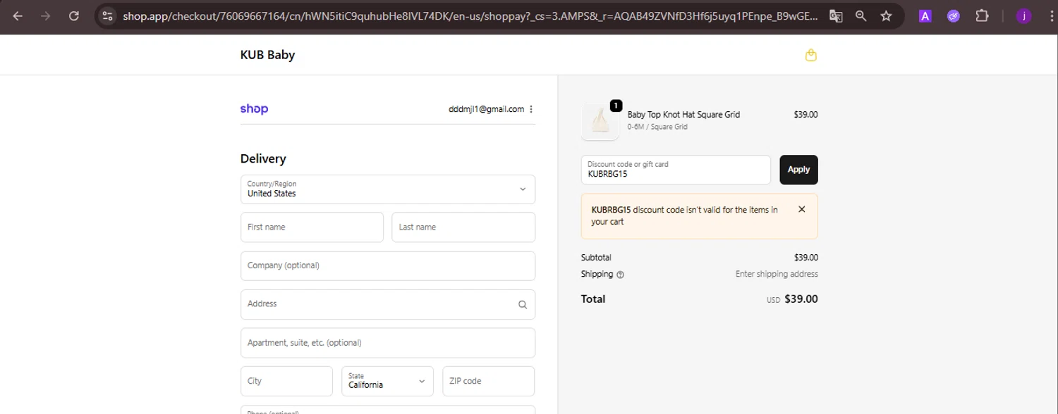 KUB Baby promo code screenshot showing code KUBRBG15 applied at KUB Baby checkout page. Uploaded by SimplyCodes community member CoinMaverick1452 on Nov 26, 2025