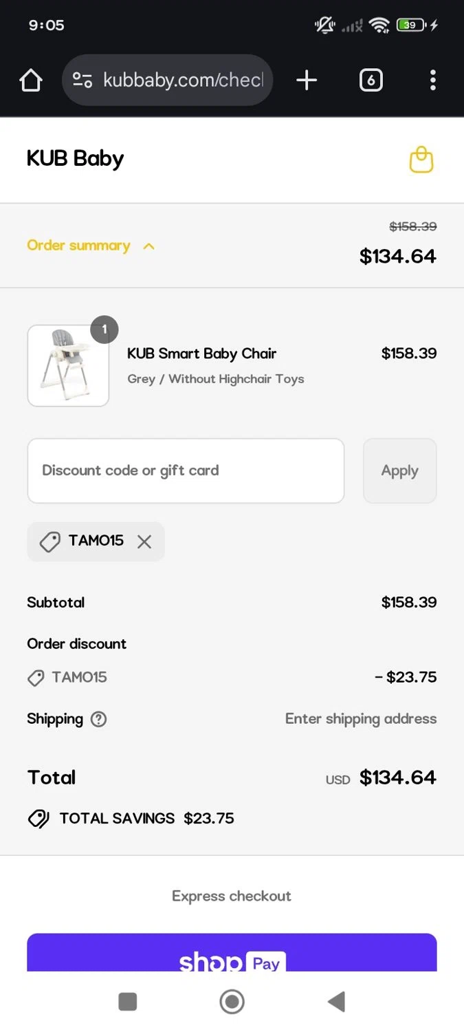 KUB Baby promo code screenshot showing code TAMO15 applied at KUB Baby checkout page. Uploaded by SimplyCodes community member CouponOwl5049 on Aug 19, 2025