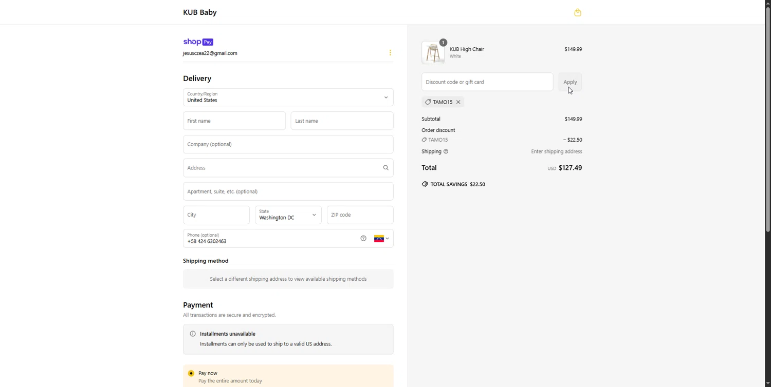 KUB Baby promo code screenshot showing code TAMO15 applied at KUB Baby checkout page. Uploaded by SimplyCodes community member DonutPunks on Jun 19, 2025