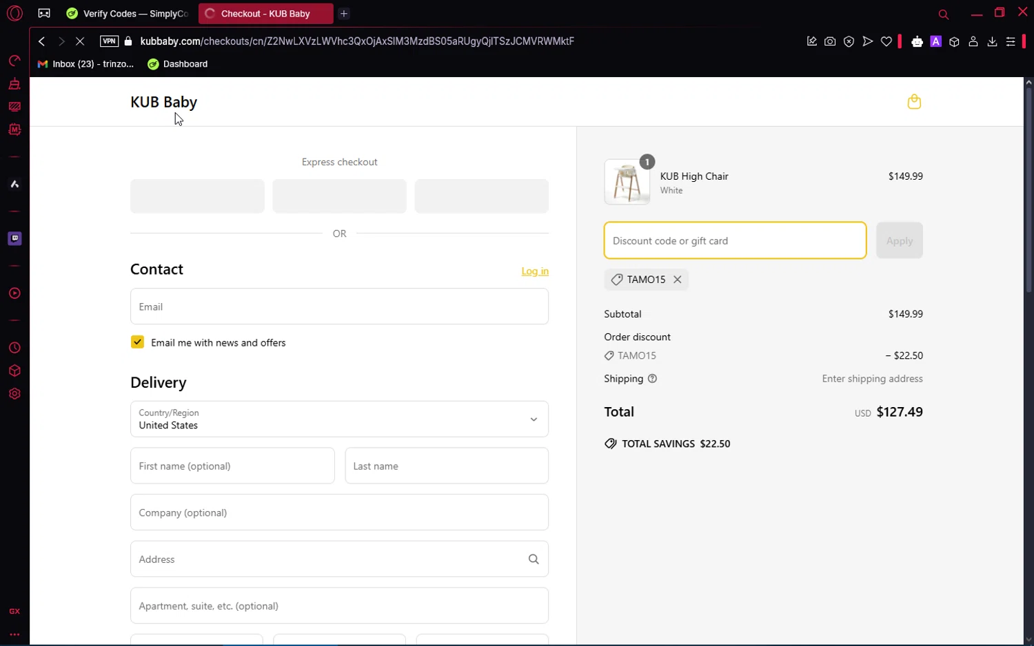 KUB Baby promo code screenshot showing code TAMO15 applied at KUB Baby checkout page. Uploaded by SimplyCodes community member ShrewdPioneer2612 on Apr 19, 2025