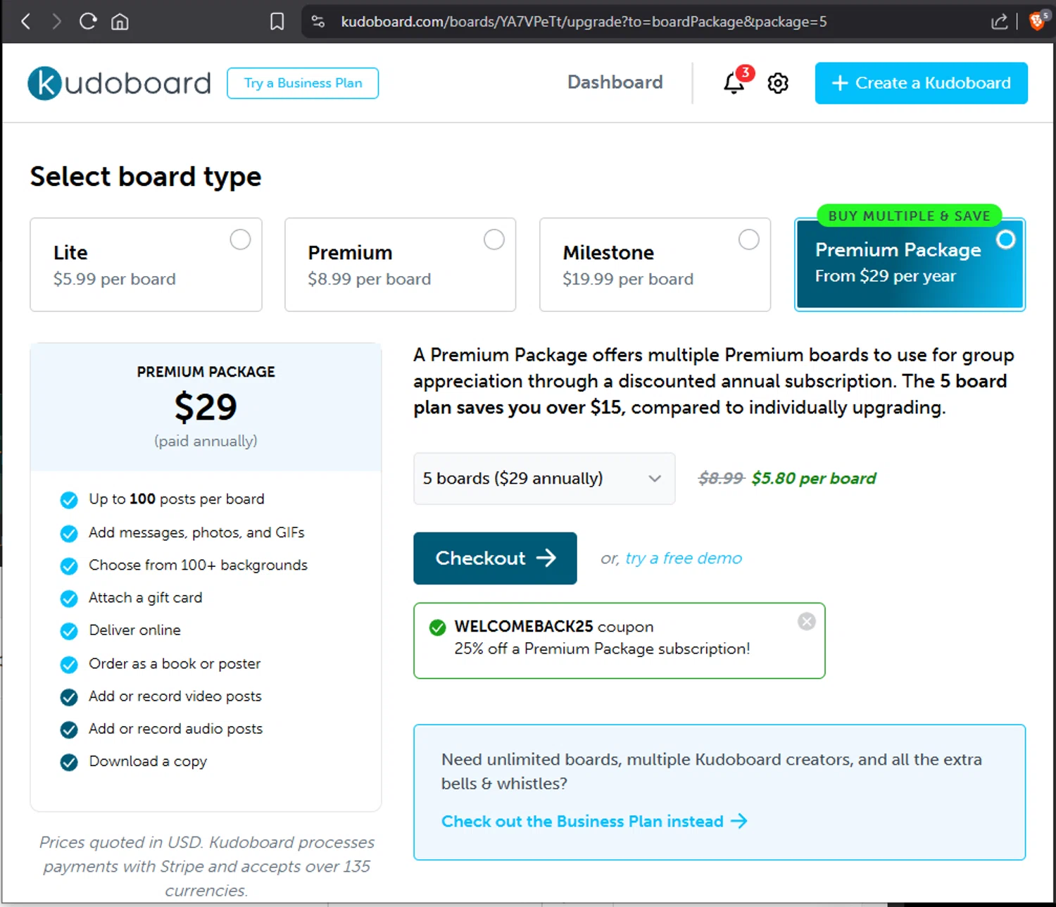 Kudoboard promo code screenshot showing code WELCOMEBACK25 applied at Kudoboard checkout page. Uploaded by SimplyCodes community member Jmhernand1 on Sep 14, 2025