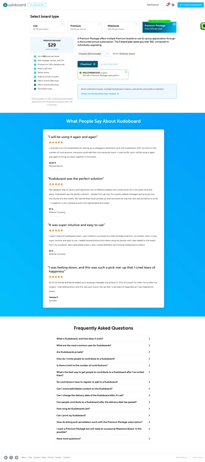 Kudoboard promo code screenshot showing code WELCOMEBACK25 applied at Kudoboard checkout page. Uploaded by SimplyCodes community member Serdanvz on Sep 9, 2025