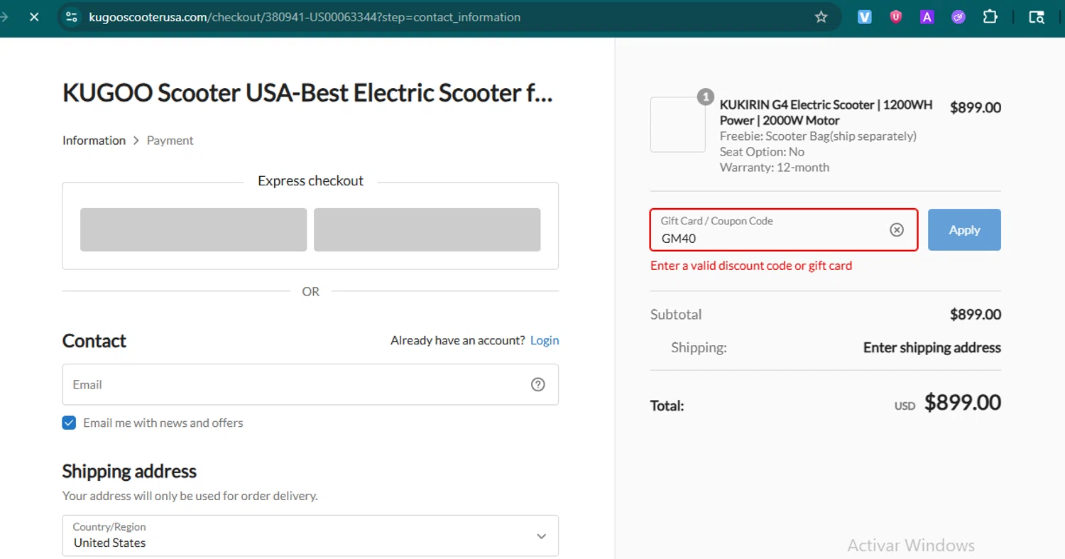 KUGOO Scooter USA promo code screenshot showing code GM40 applied at KUGOO Scooter USA checkout page. Uploaded by SimplyCodes community member samuelgomez2 on Jul 19, 2025