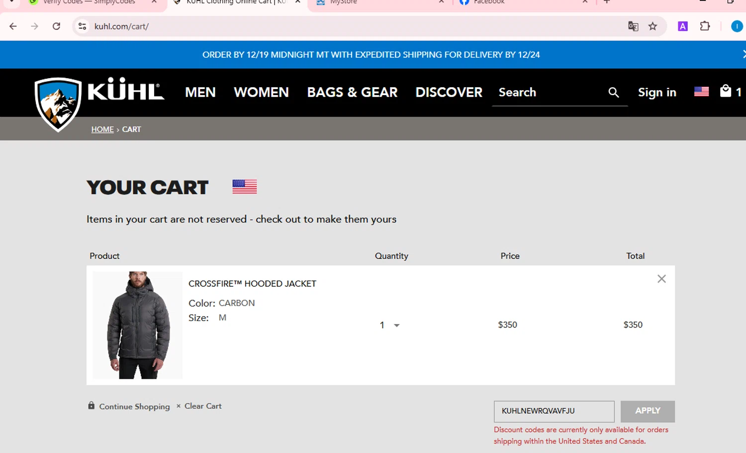 KÜHL checkout page showing KÜHL promo code box | Screenshot taken by SimplyCodes community member on Dec 16, 2024