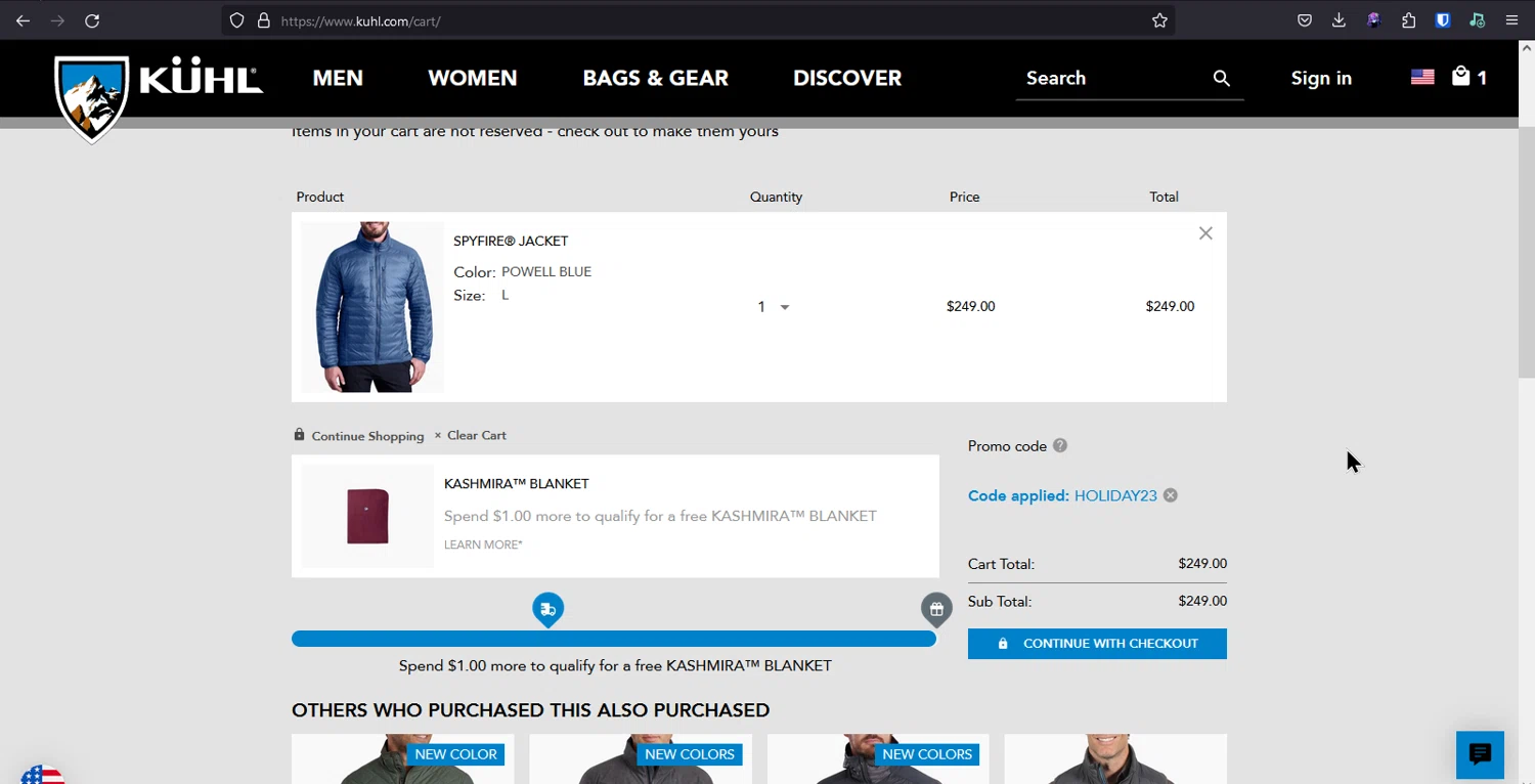 KÜHL checkout page showing KÜHL promo code box | Screenshot taken by SimplyCodes community member on Dec 3, 2023
