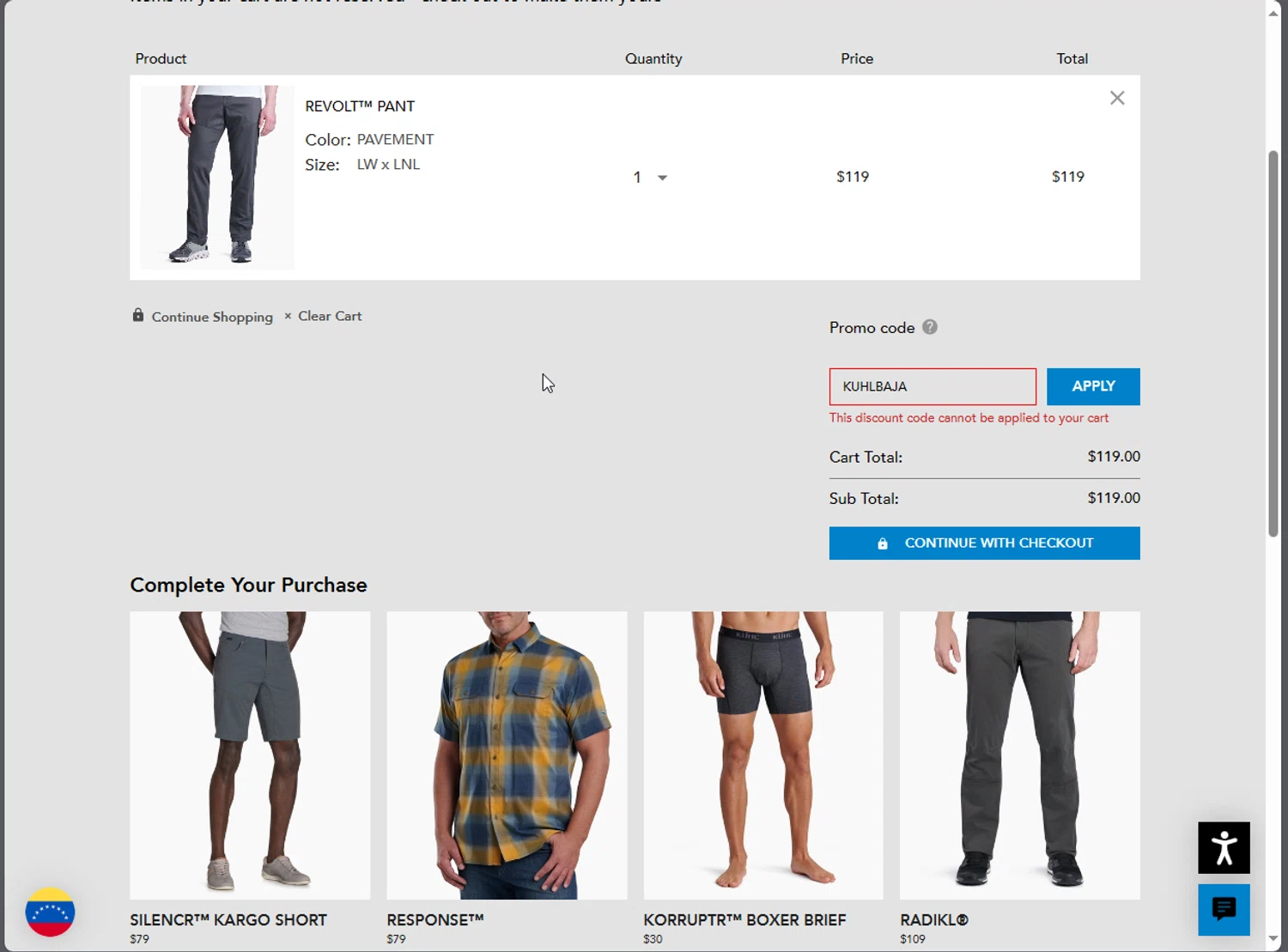KÜHL checkout page showing KÜHL promo code box | Screenshot taken by SimplyCodes community member on Sep 2, 2024