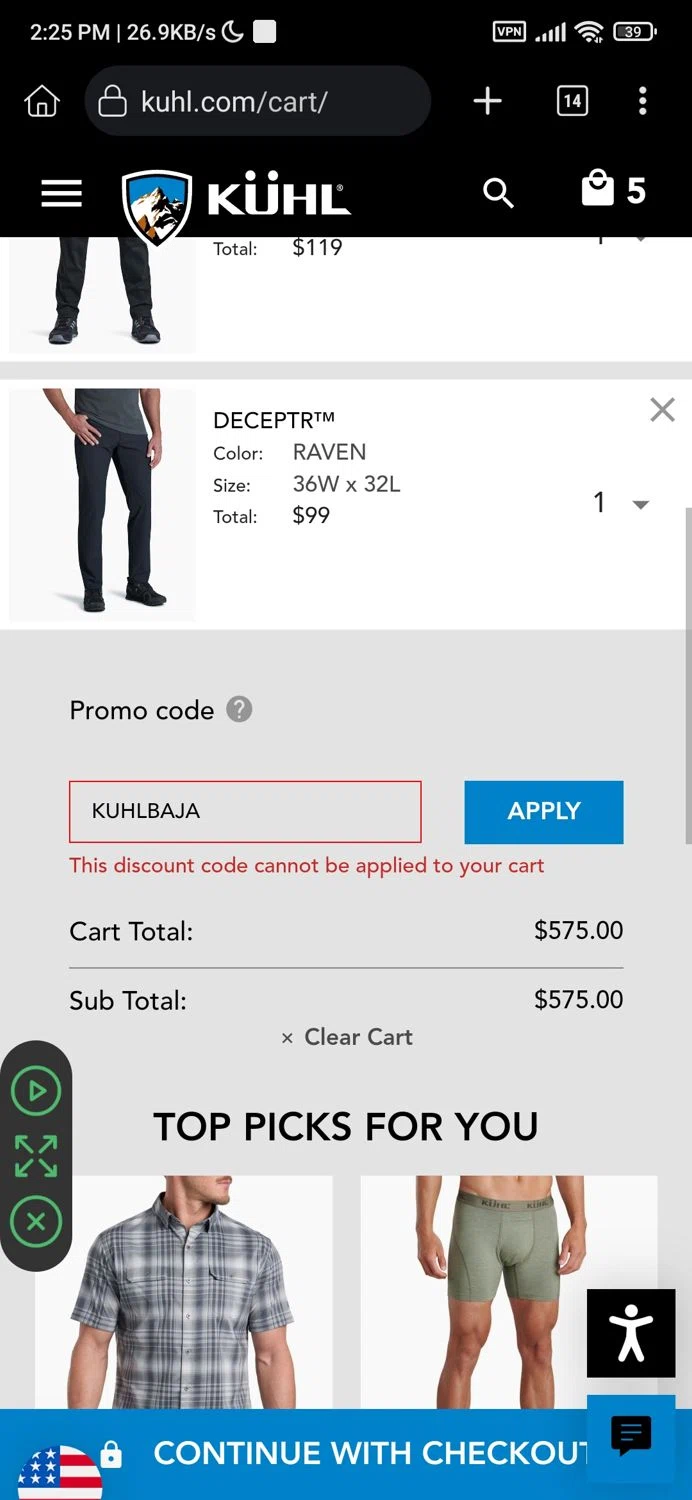 KÜHL checkout page showing KÜHL promo code box | Screenshot taken by SimplyCodes community member on Sep 2, 2024