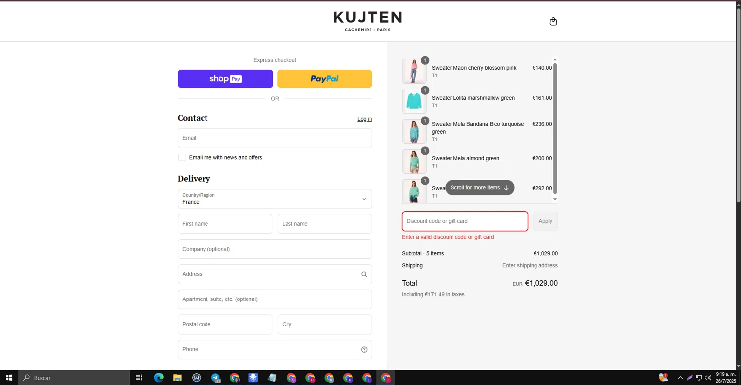 Kujten promo code screenshot showing code SUMMER15 applied at Kujten checkout page. Uploaded by SimplyCodes community member WiseScout3498 on Jul 26, 2025