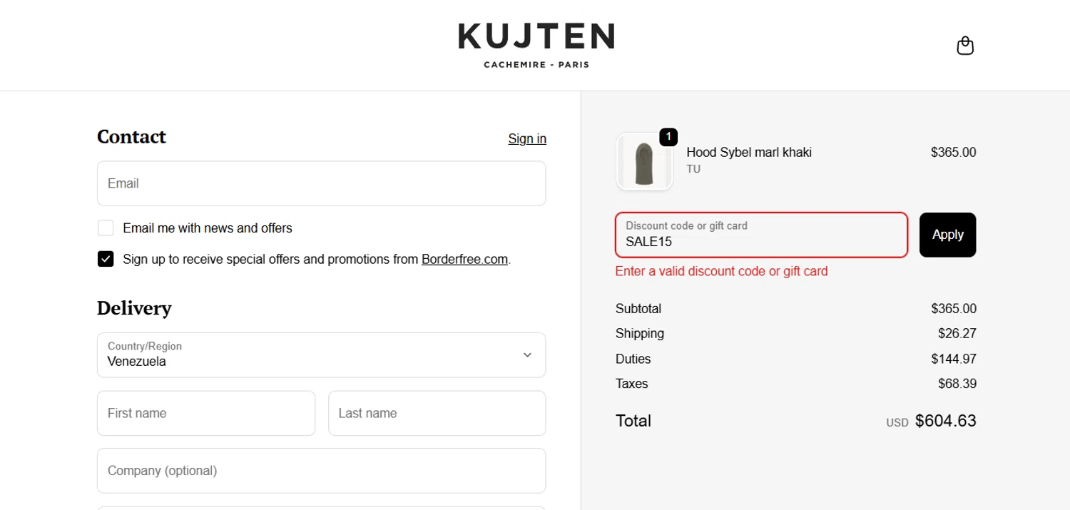 Kujten promo code screenshot showing code SALE15 applied at Kujten checkout page. Uploaded by SimplyCodes community member Carlosramirez09 on Feb 4, 2026