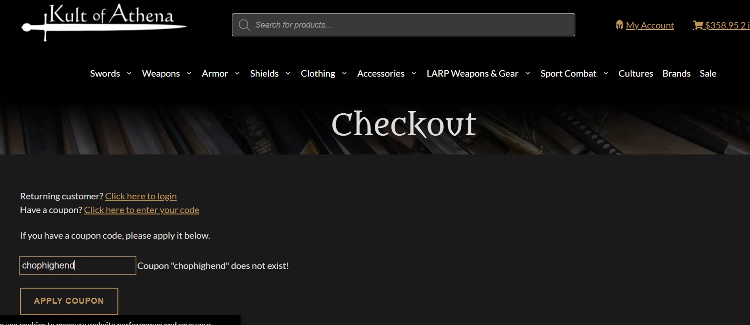 Kult of Athena coupon code screenshot showing code SWORD+KIT applied at Kult of Athena checkout page. Uploaded by SimplyCodes community member GoldChaser6627 on Feb 6, 2025