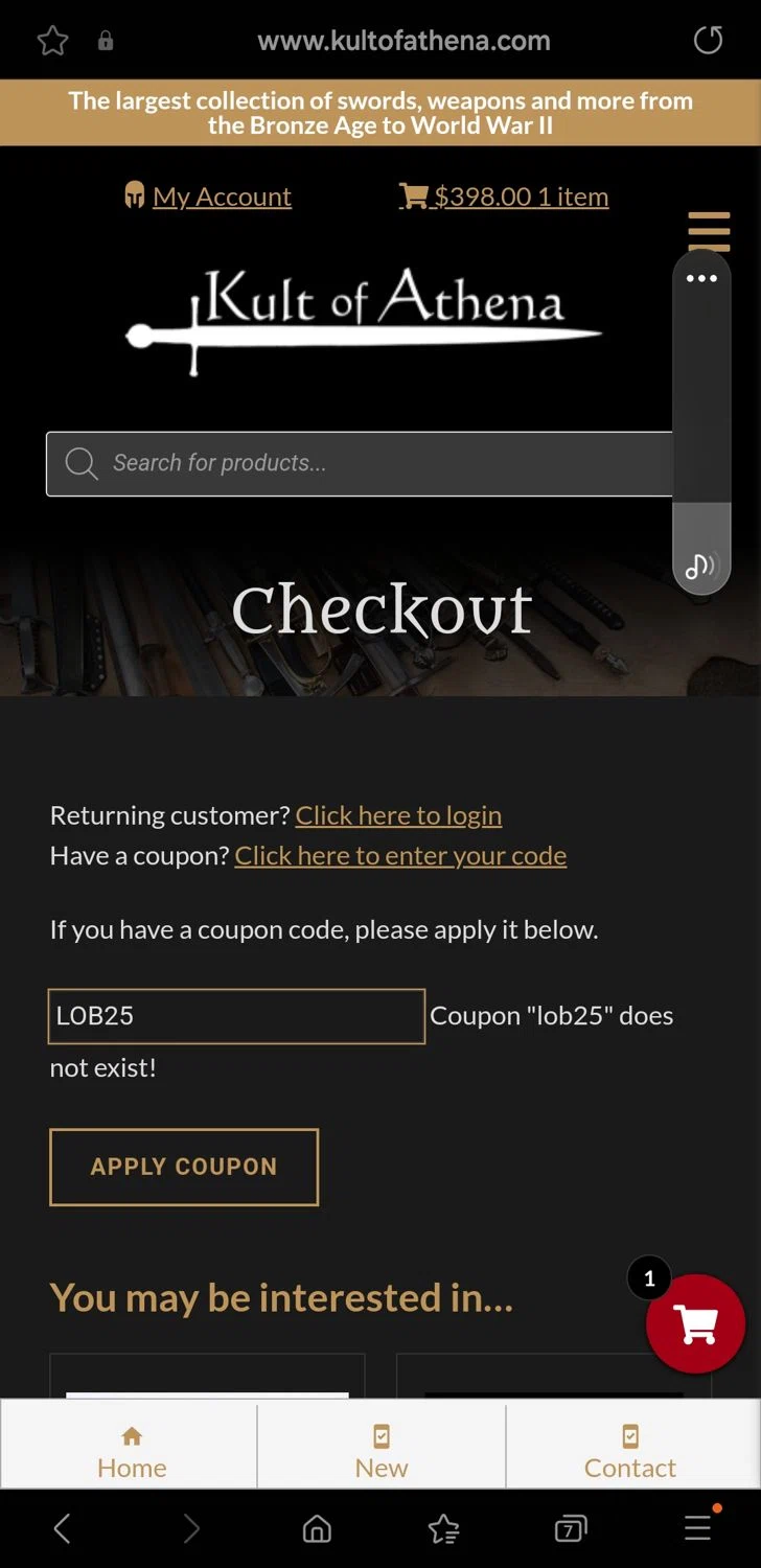 Kult of Athena coupon code screenshot showing code LOB25 applied at Kult of Athena checkout page. Uploaded by SimplyCodes community member Carbon132 on Mar 23, 2025