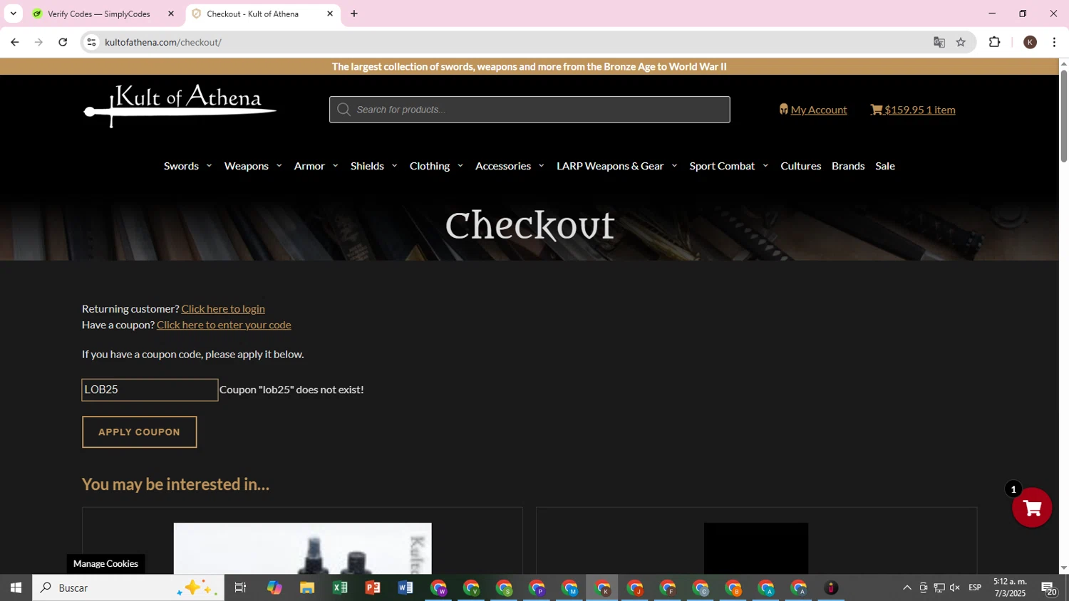 Kult of Athena coupon code screenshot showing code LOB25 applied at Kult of Athena checkout page. Uploaded by SimplyCodes community member TokenOwl8896 on Mar 7, 2025