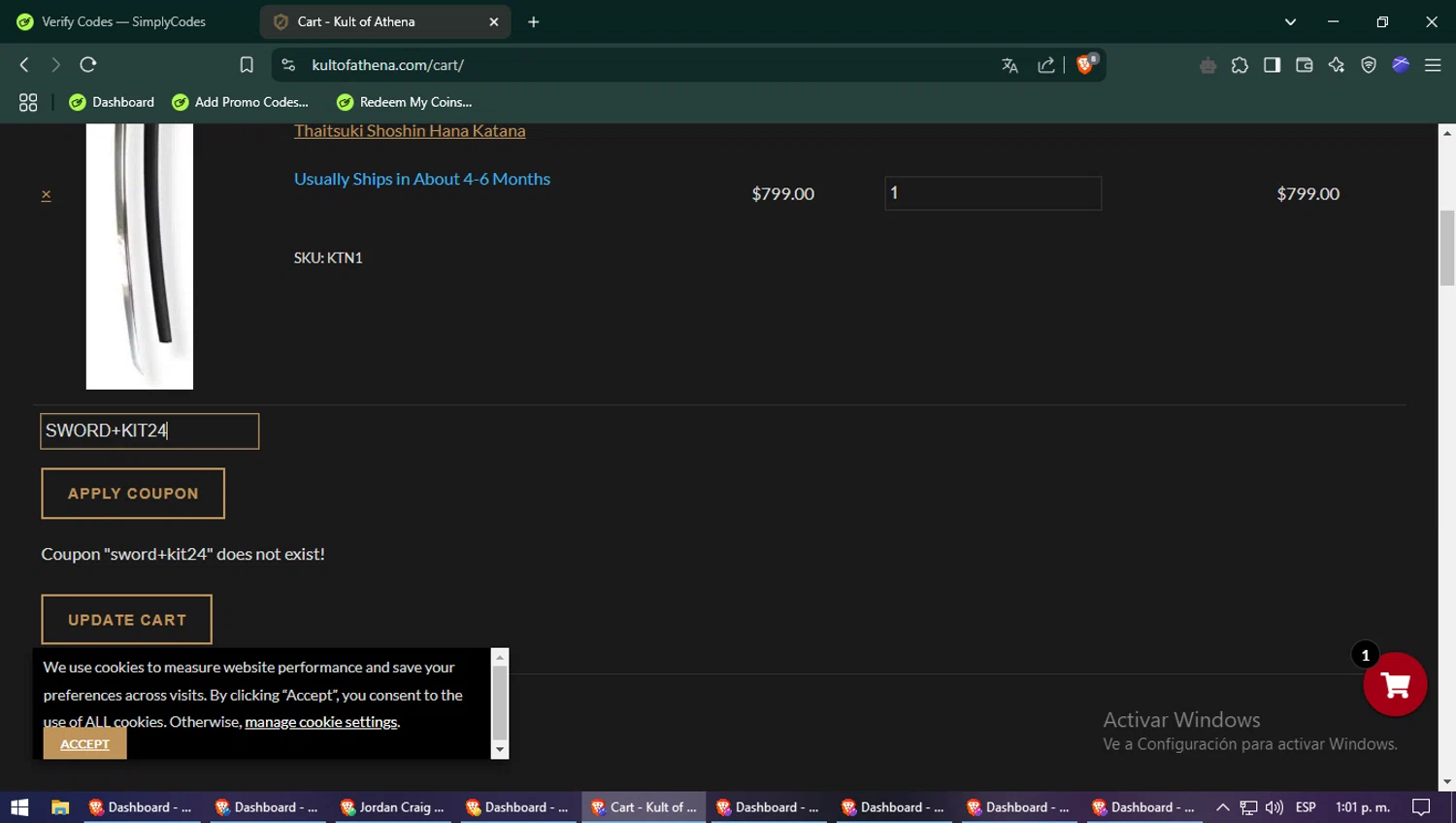 Kult of Athena coupon code screenshot showing code SWORD+KIT24 applied at Kult of Athena checkout page. Uploaded by SimplyCodes community member MightyCaptain387 on Feb 19, 2025
