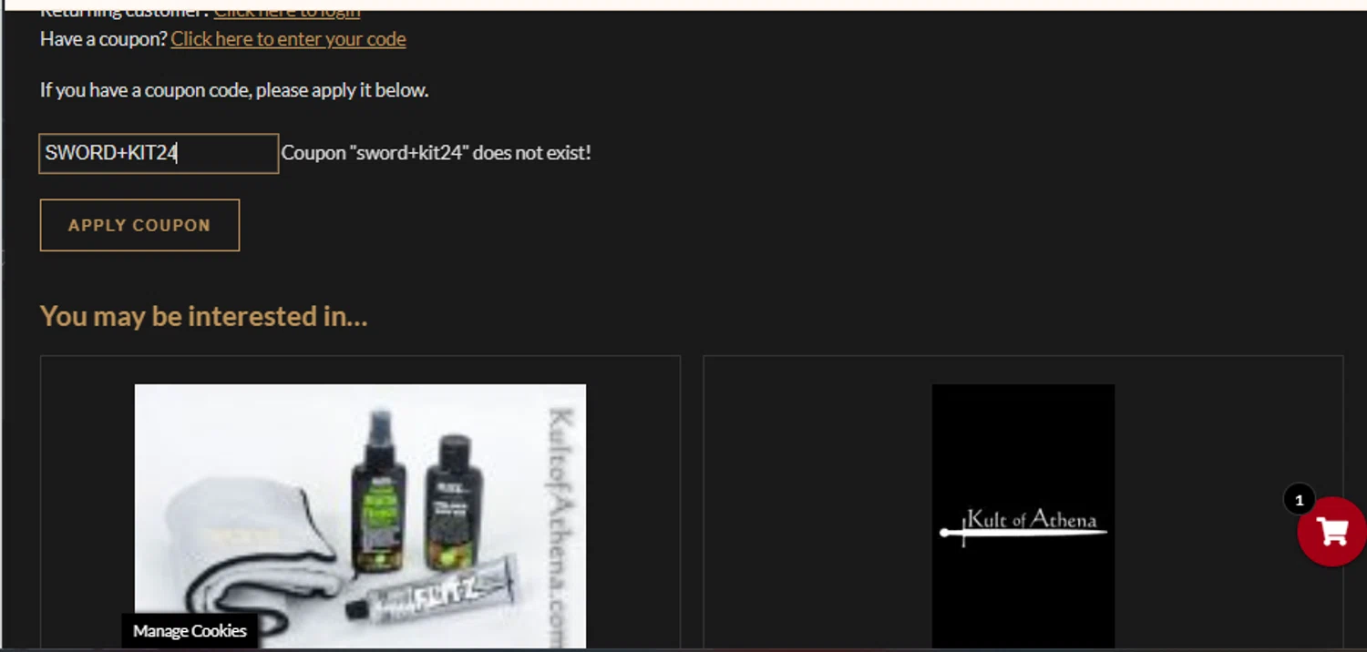 Kult of Athena coupon code screenshot showing code SWORD+KIT24 applied at Kult of Athena checkout page. Uploaded by SimplyCodes community member jholaurimar08 on Jan 24, 2025