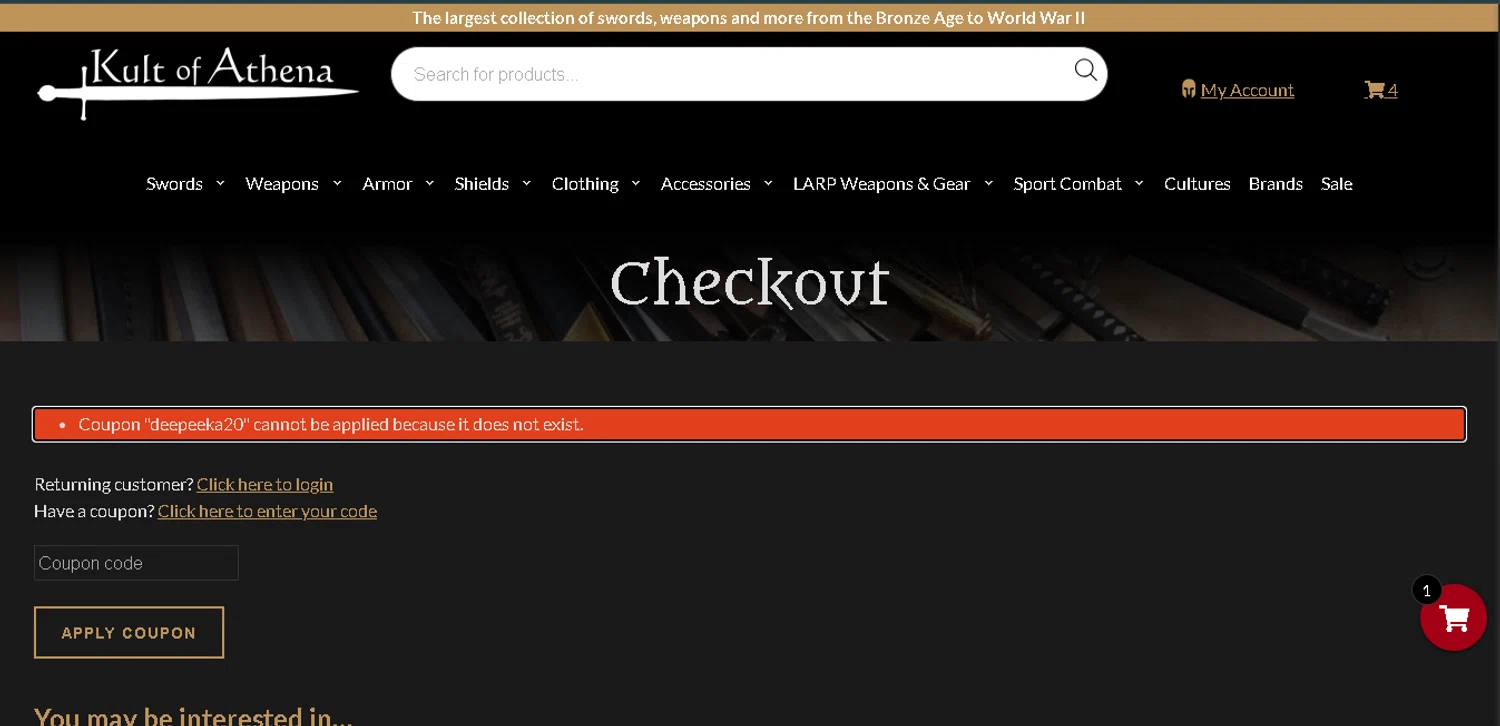 Kult of Athena coupon code screenshot showing code DEEPEEKA20 applied at Kult of Athena checkout page. Uploaded by SimplyCodes community member BrilliantTitan7739 on Dec 11, 2025