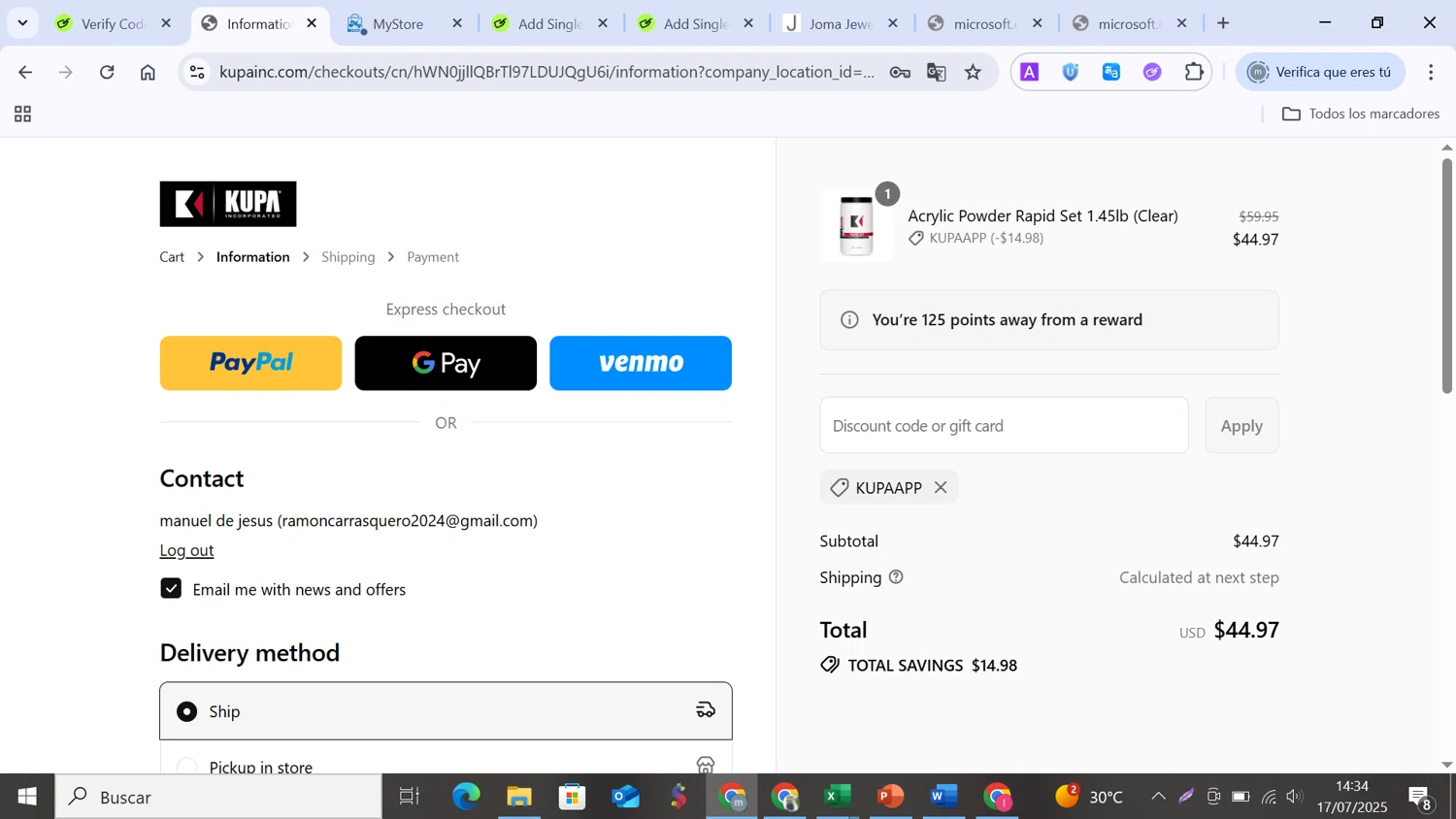 Kupa Inc promo code screenshot showing code KUPAAPP applied at Kupa Inc checkout page. Uploaded by SimplyCodes community member MANUELURBINA on Jul 17, 2025
