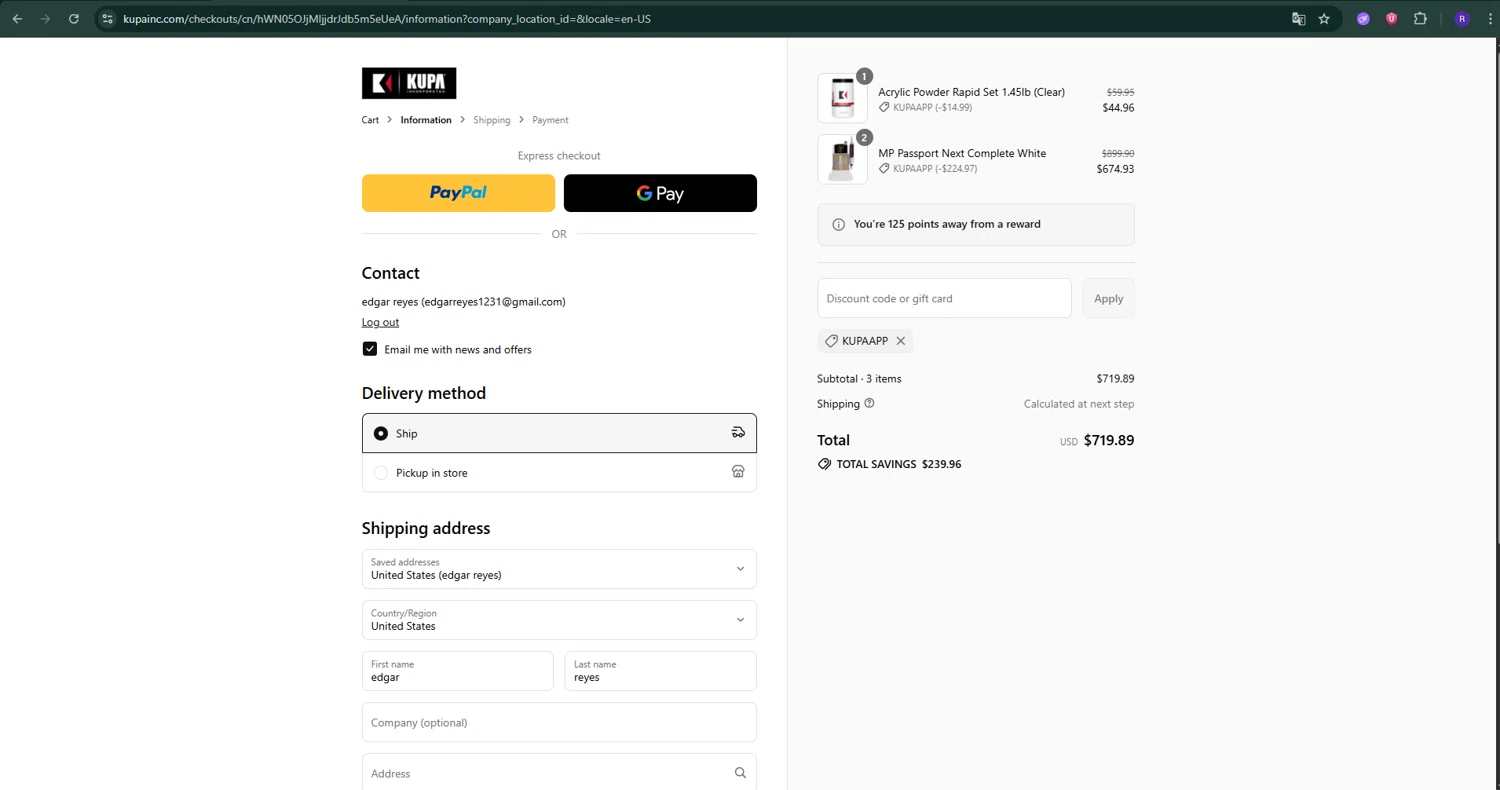 Kupa Inc promo code screenshot showing code KUPAAPP applied at Kupa Inc checkout page. Uploaded by SimplyCodes community member ShrewdShopper154 on Jul 17, 2025