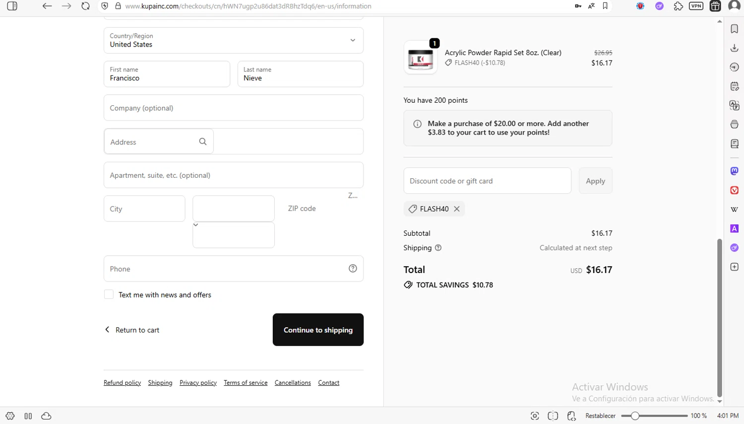 Kupa Inc checkout page showing Kupa Inc promo code box | Screenshot taken by SimplyCodes community member on Jan 22, 2026