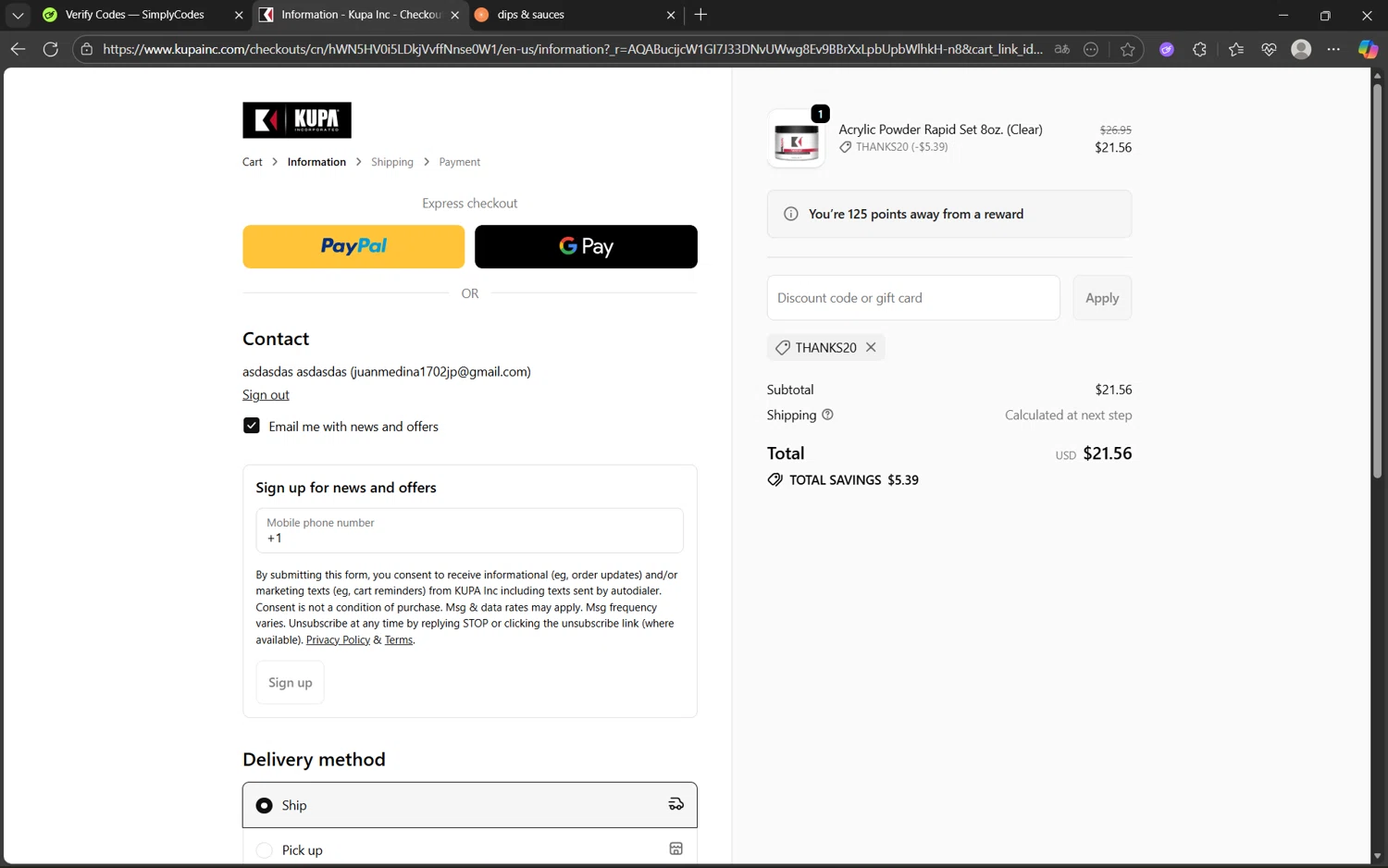 Kupa Inc promo code screenshot showing code THANKS20 applied at Kupa Inc checkout page. Uploaded by SimplyCodes community member Yuyu12 on Nov 14, 2025