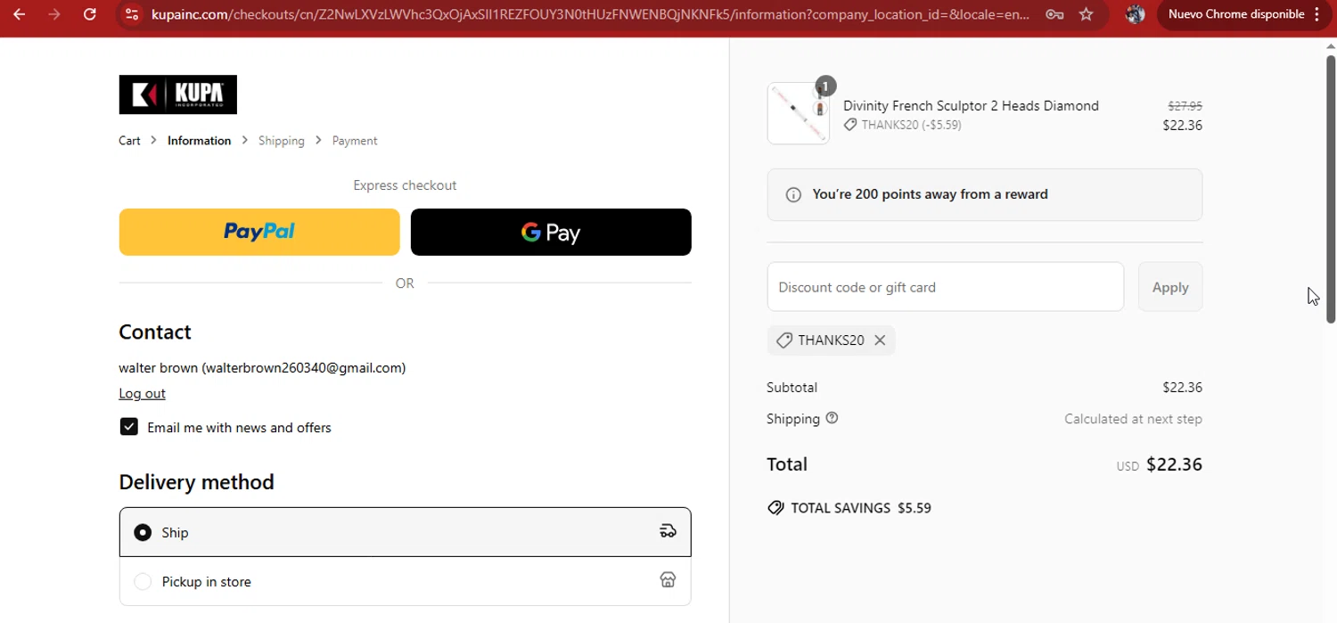 Kupa Inc promo code screenshot showing code THANKS20 applied at Kupa Inc checkout page. Uploaded by SimplyCodes community member kimberlinmartinez on Apr 6, 2025